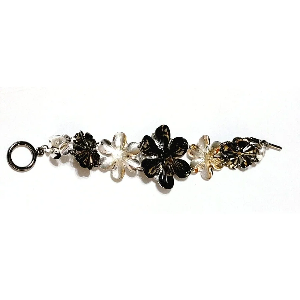 Vintage Gunmetal & Silver Faux Pearl Flower Link Bracelet, 7